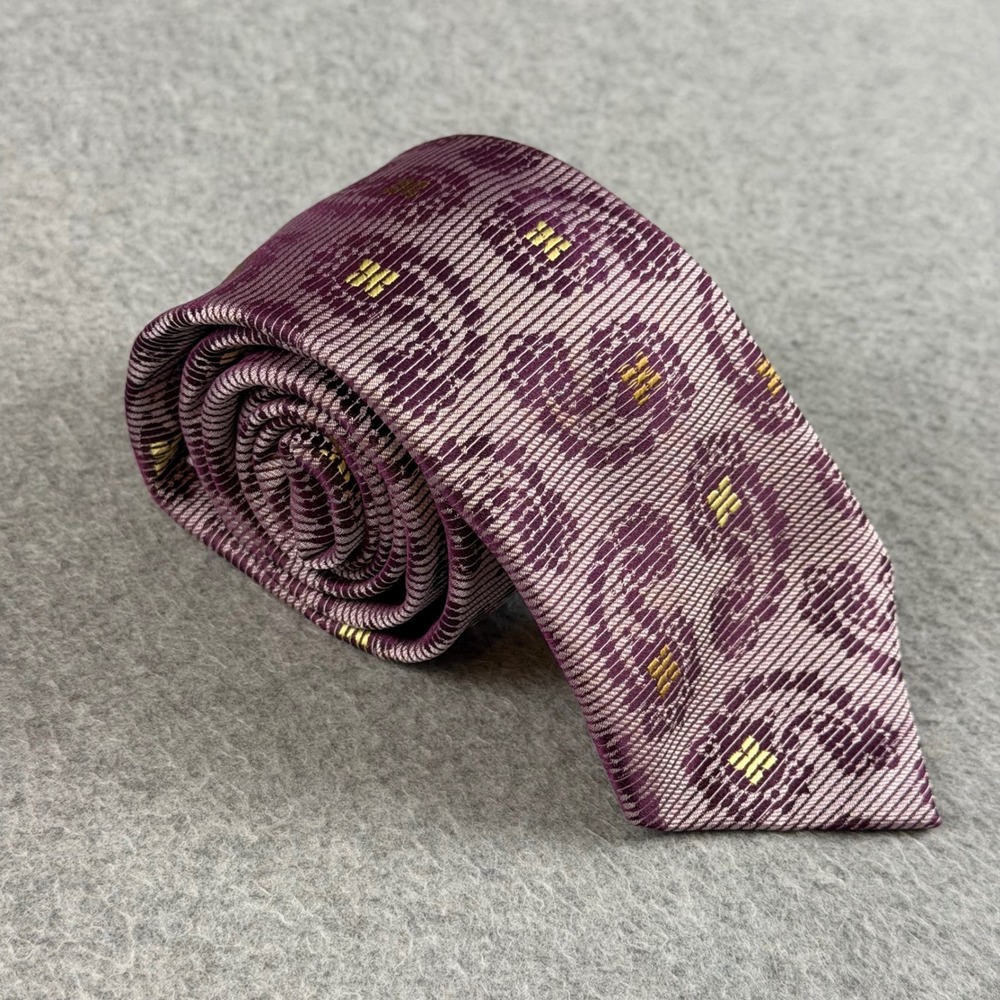 Ben Sherman Mens Silk Purple Gold Paisley Geometric Pattern Formal Tie 59x3.25"
